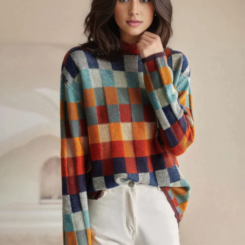 Adalynn | Bunter Rollkragenpullover mit Patchwork-Strickmuster